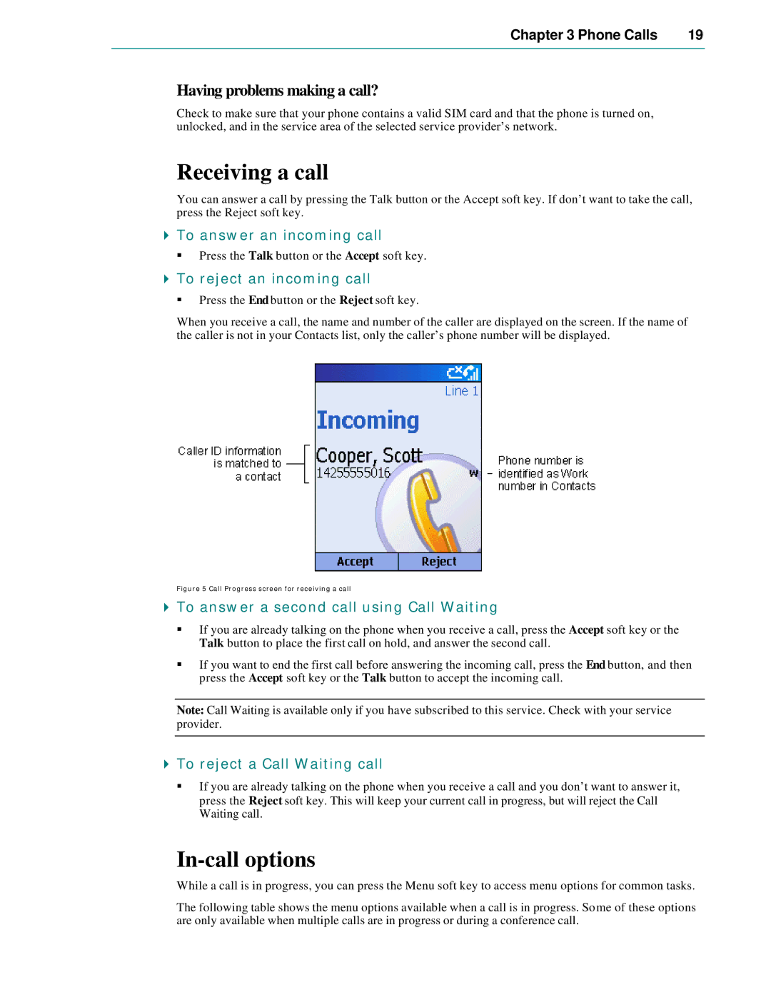 Microsoft Smartphone 2002 manual Receiving a call, In-call options, Having problems making a call? 