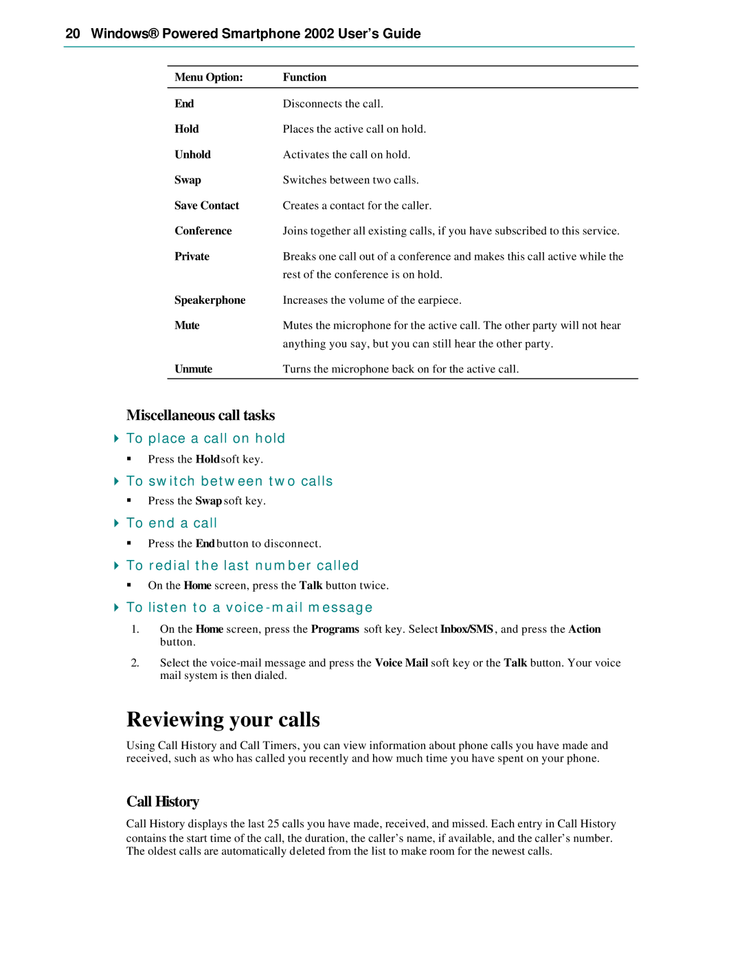 Microsoft Smartphone 2002 manual Reviewing your calls, Miscellaneous call tasks, Call History 