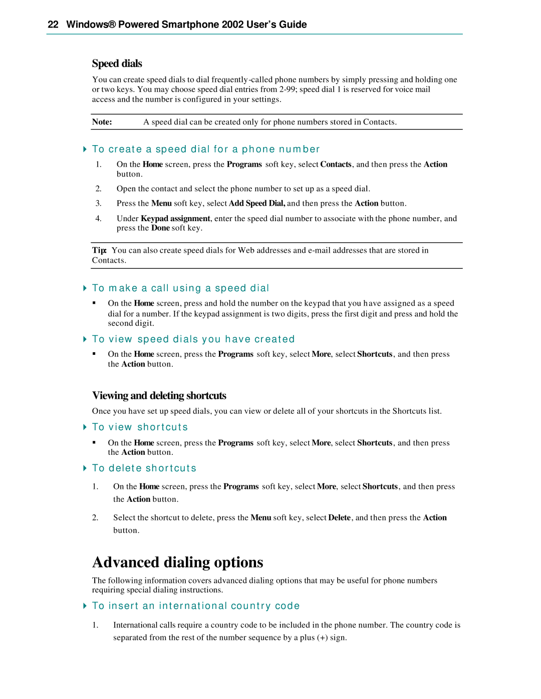 Microsoft Smartphone 2002 manual Advanced dialing options, Speed dials, Viewing and deleting shortcuts 