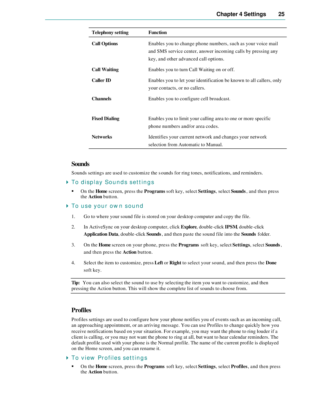 Microsoft Smartphone 2002 manual To display Sounds settings, To use your own sound, To view Profiles settings 