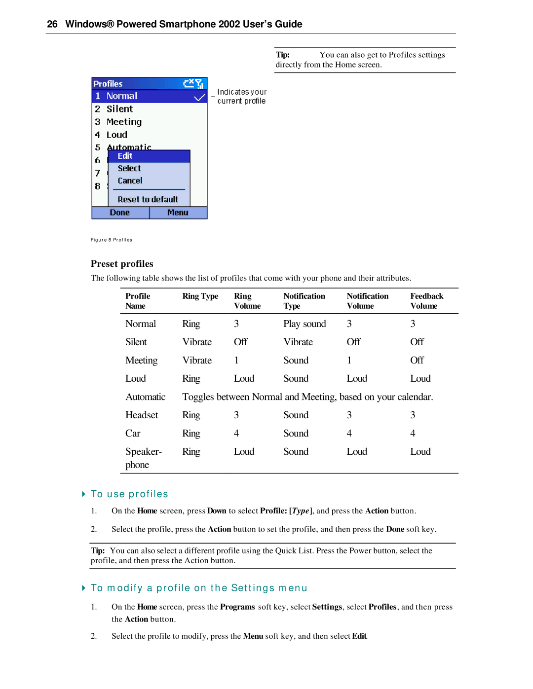 Microsoft Smartphone 2002 manual Preset profiles, To use profiles, To modify a profile on the Settings menu 