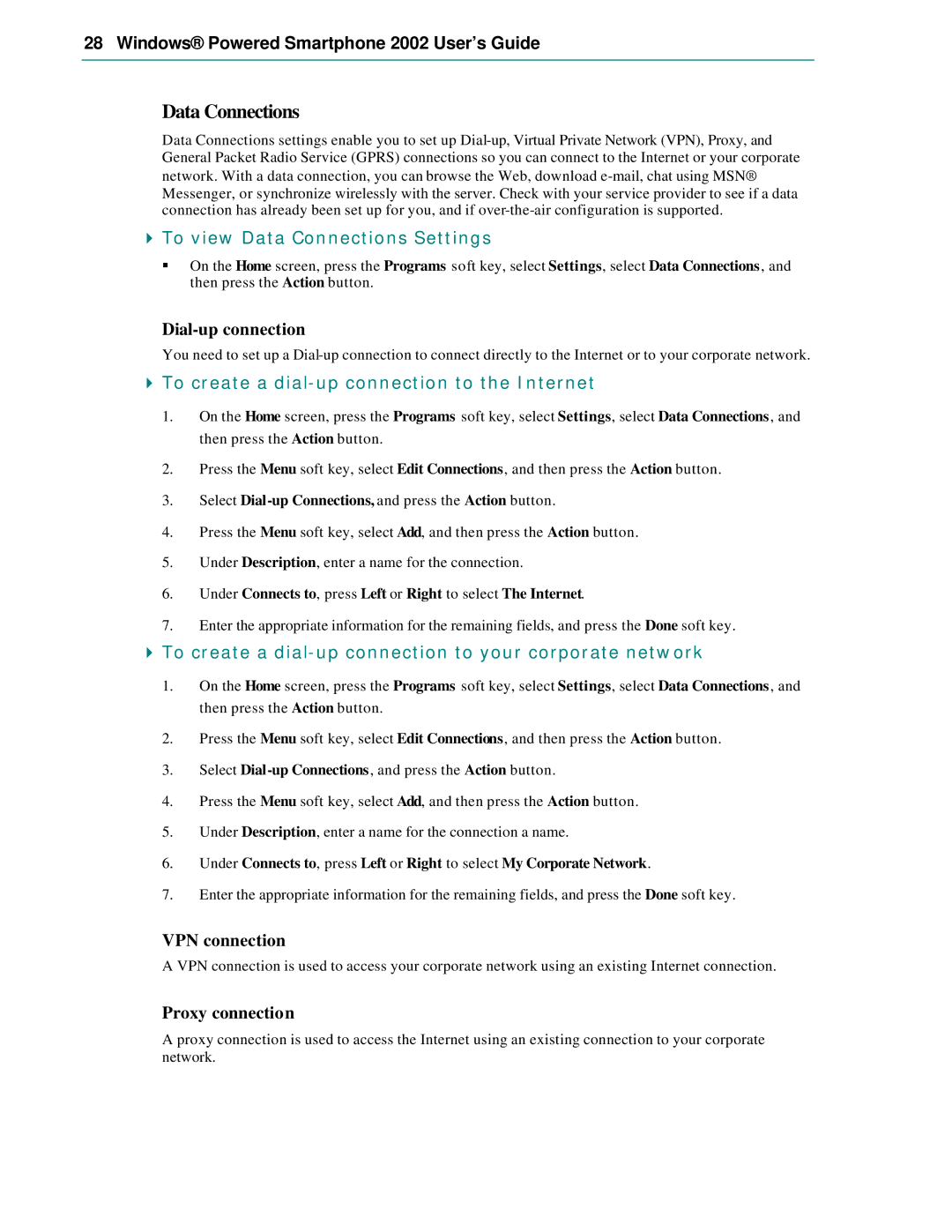 Microsoft Smartphone 2002 manual To view Data Connections Settings, To create a dial-up connection to the Internet 