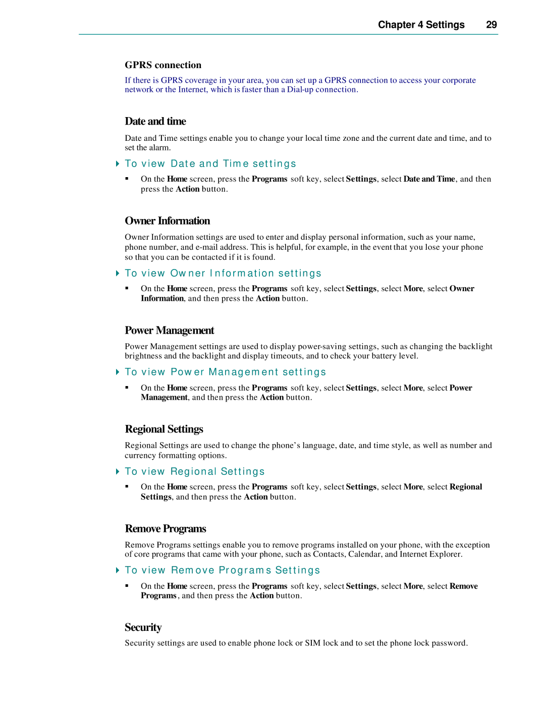 Microsoft Smartphone 2002 Date and time, Owner Information, Power Management, Regional Settings, Remove Programs, Security 