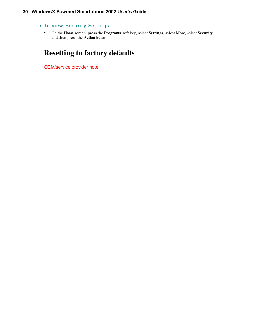 Microsoft Smartphone 2002 manual Resetting to factory defaults, To view Security Settings 