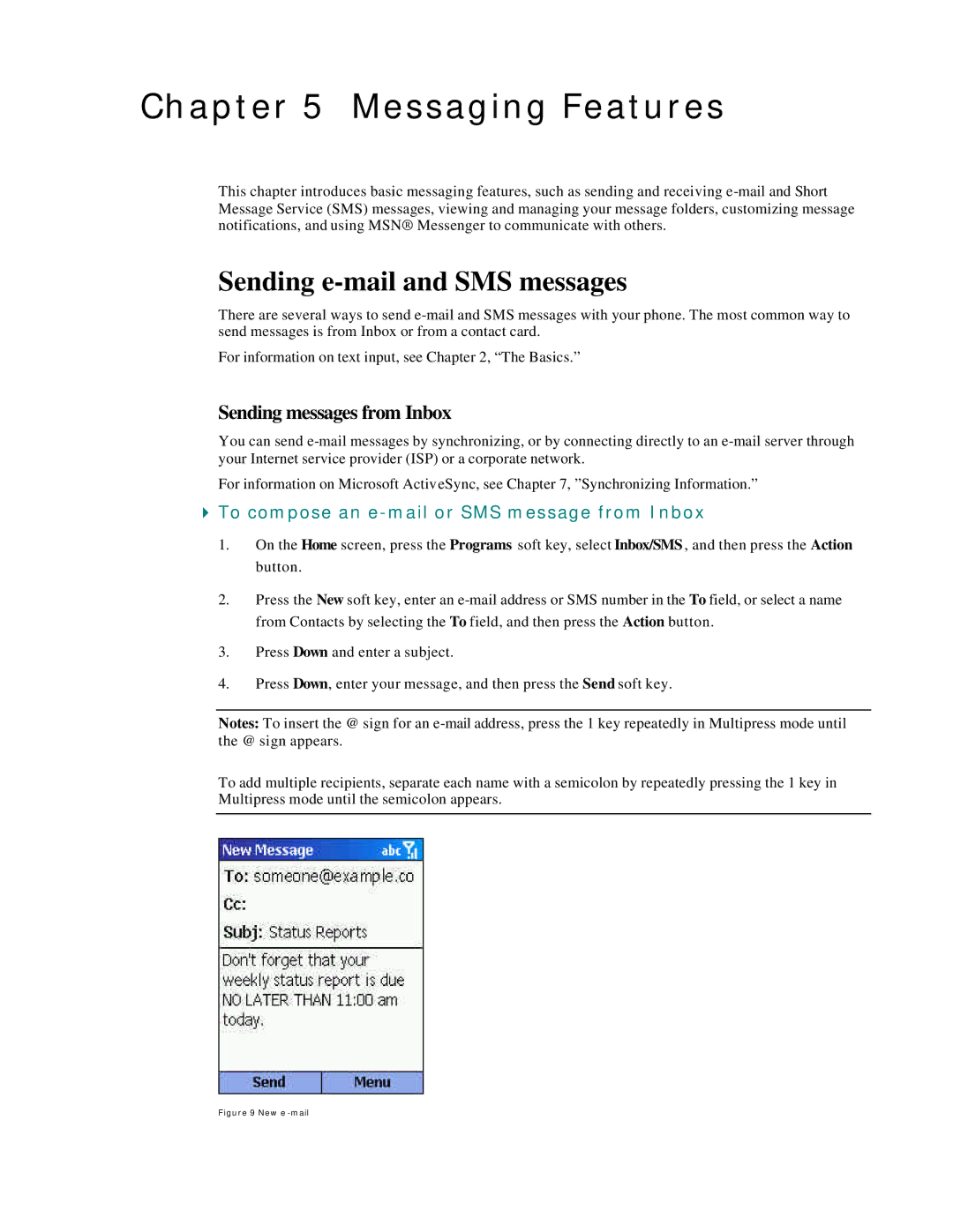 Microsoft Smartphone 2002 manual Messaging Features, Sending e-mail and SMS messages, Sending messages from Inbox 