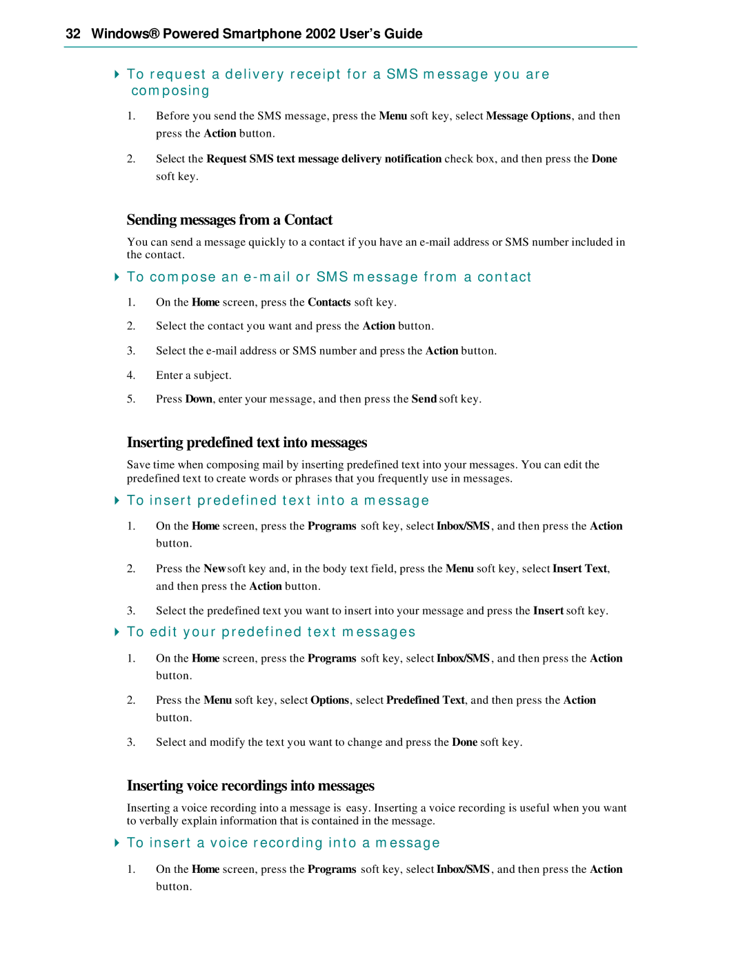 Microsoft Smartphone 2002 manual Sending messages from a Contact, Inserting predefined text into messages 