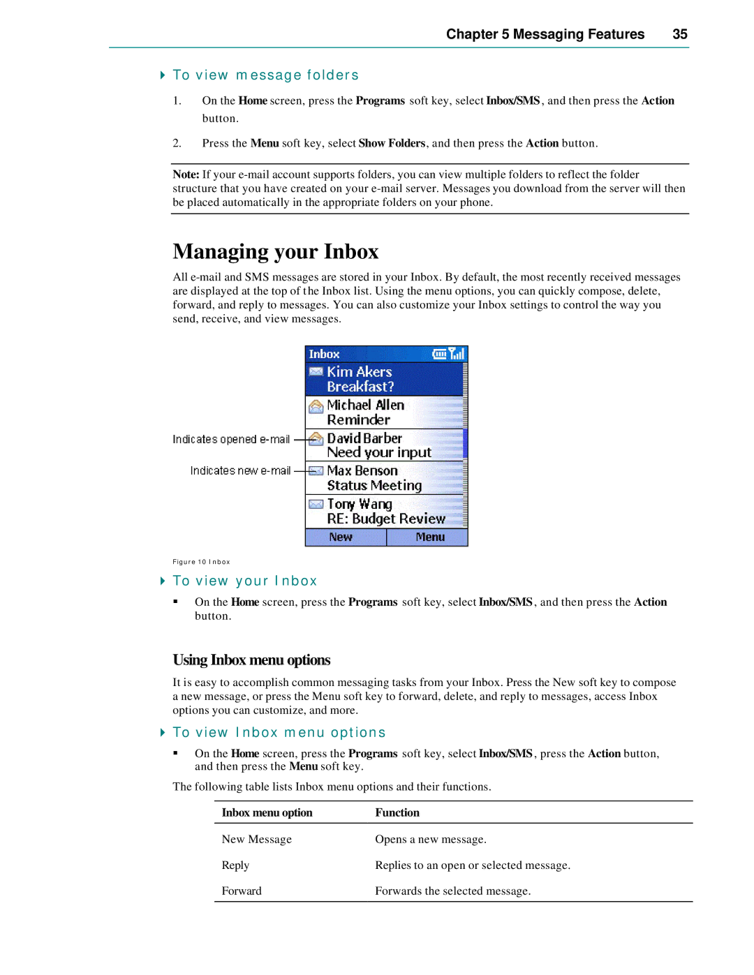 Microsoft Smartphone 2002 manual Managing your Inbox, Using Inbox menu options, To view message folders, To view your Inbox 