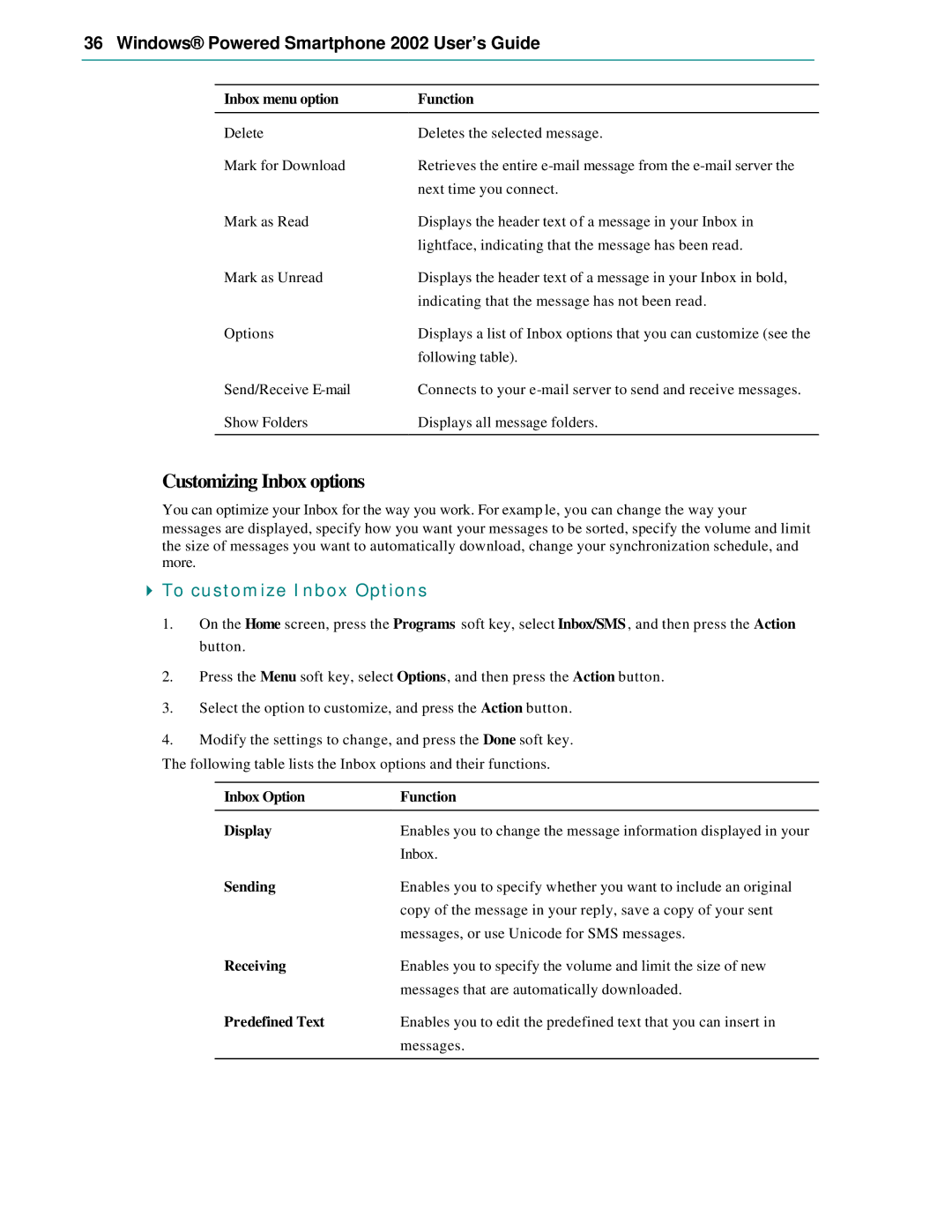 Microsoft Smartphone 2002 manual Customizing Inbox options, To customize Inbox Options 