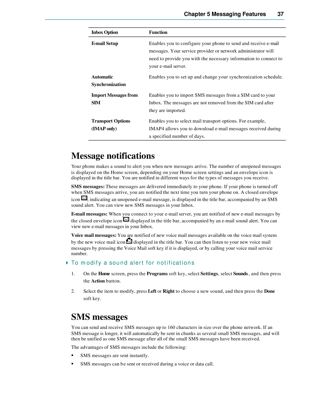 Microsoft Smartphone 2002 manual Message notifications, SMS messages, To modify a sound alert for notifications 