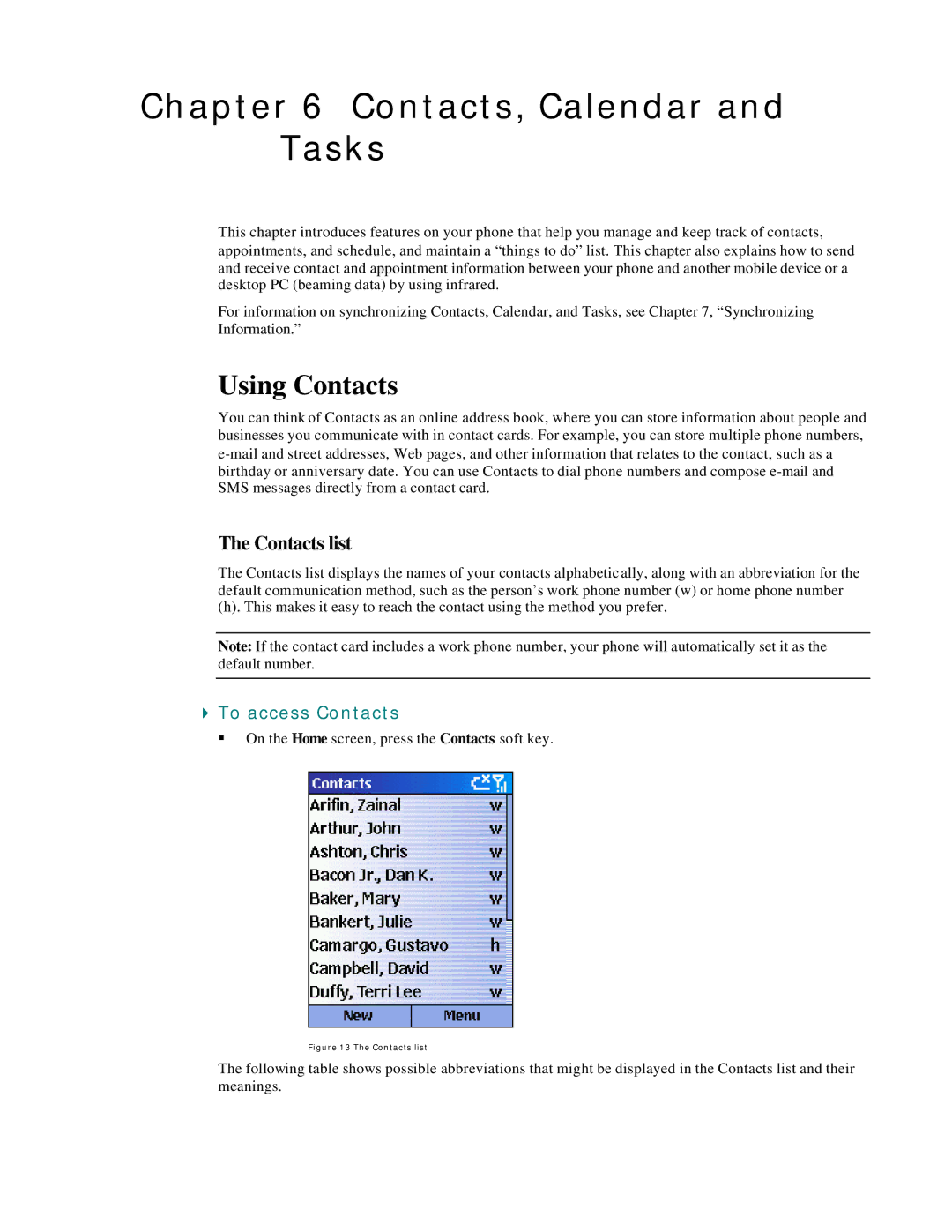 Microsoft Smartphone 2002 manual Contacts, Calendar and Tasks, Using Contacts, Contacts list, To access Contacts 