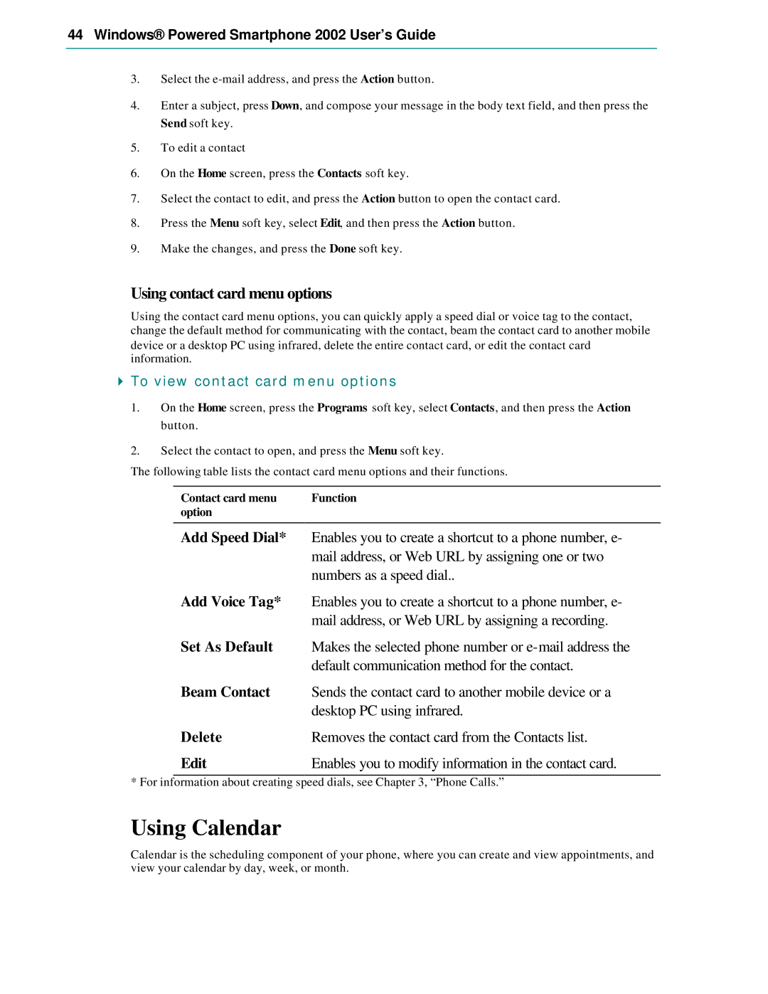 Microsoft Smartphone 2002 manual Using Calendar, Using contact card menu options, To view contact card menu options 