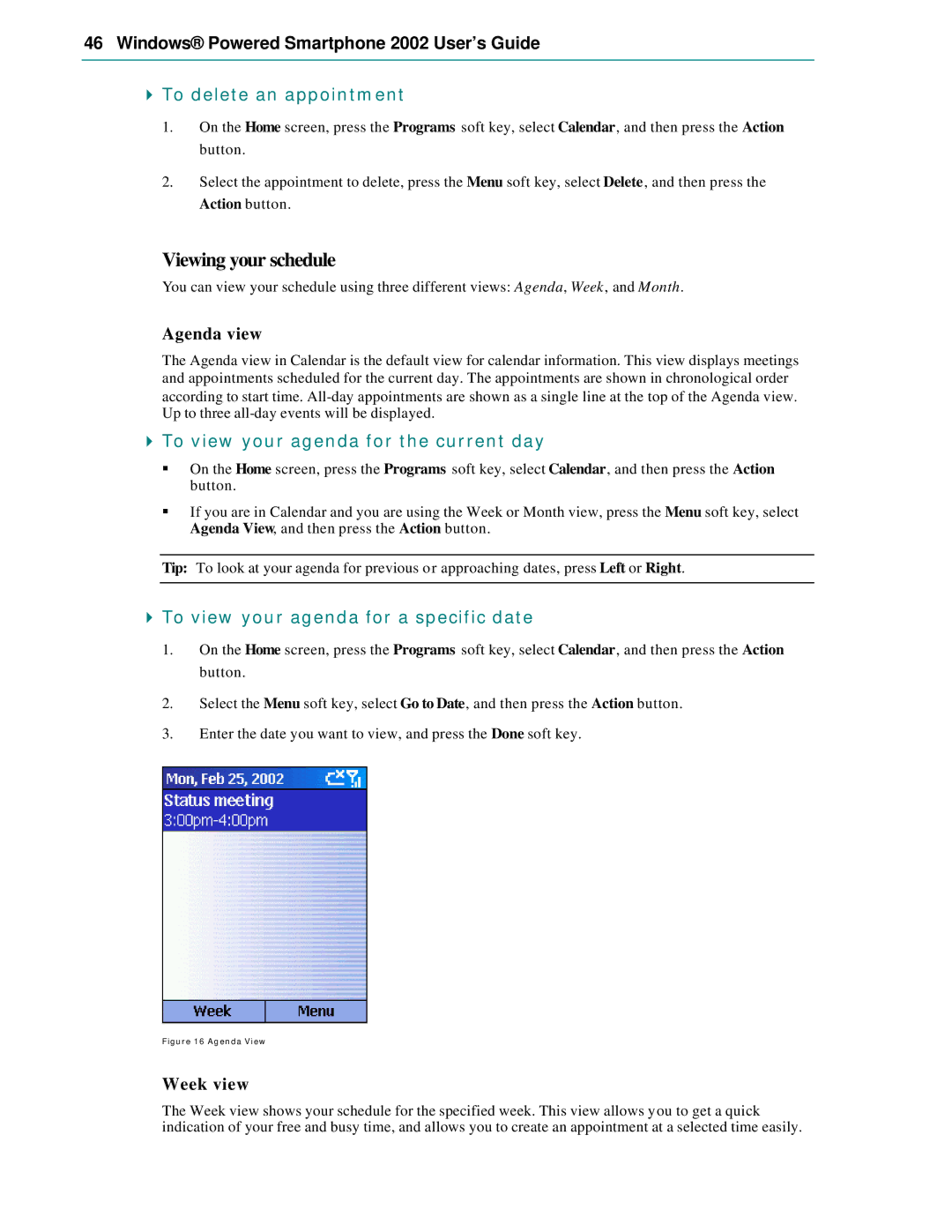 Microsoft Smartphone 2002 manual Viewing your schedule, To delete an appointment, To view your agenda for the current day 