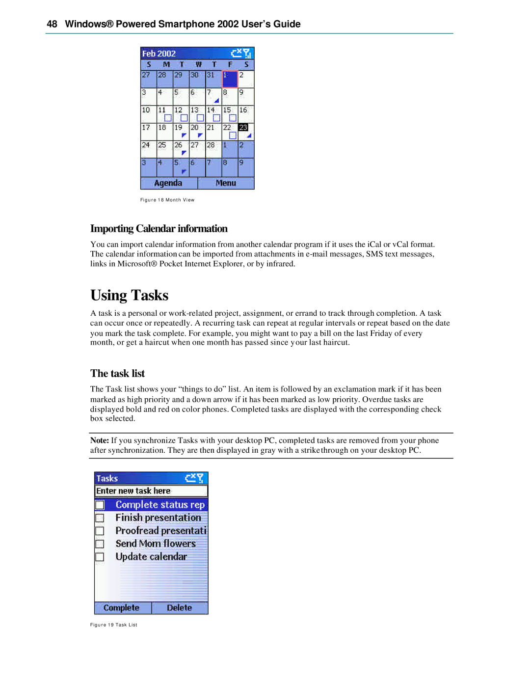 Microsoft Smartphone 2002 manual Using Tasks, Importing Calendar information, Task list 