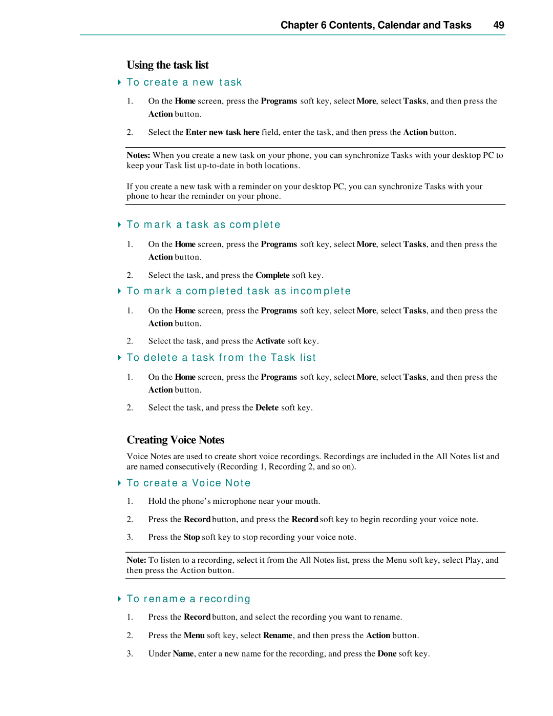 Microsoft Smartphone 2002 manual Using the task list, Creating Voice Notes 