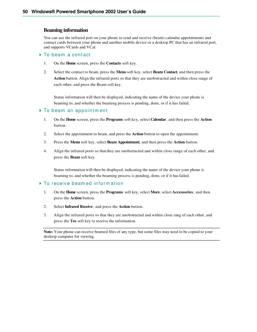 Microsoft Smartphone 2002 Beaming information, To beam a contact, To beam an appointment, To receive beamed information 