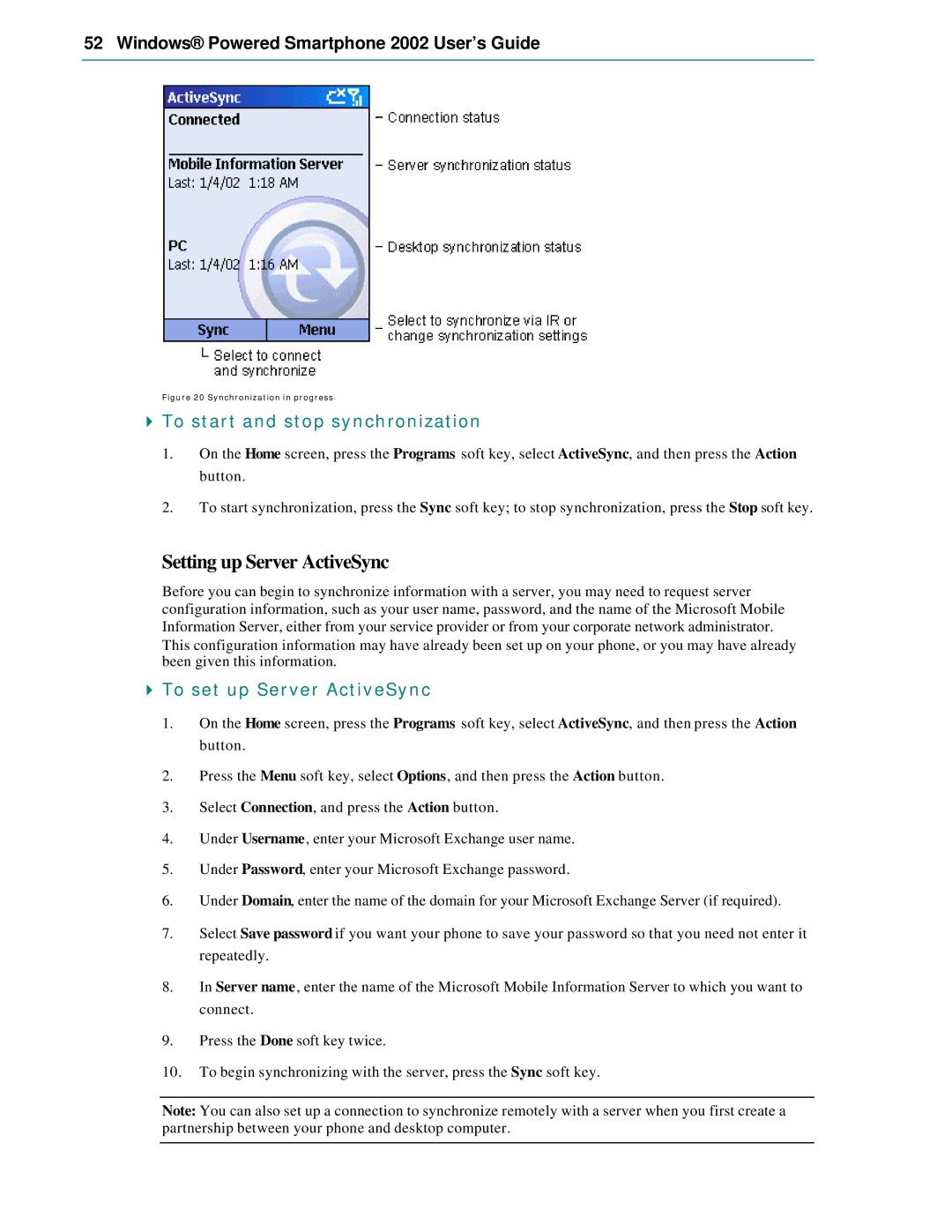 Microsoft Smartphone 2002 Setting up Server ActiveSync, To start and stop synchronization, To set up Server ActiveSync 