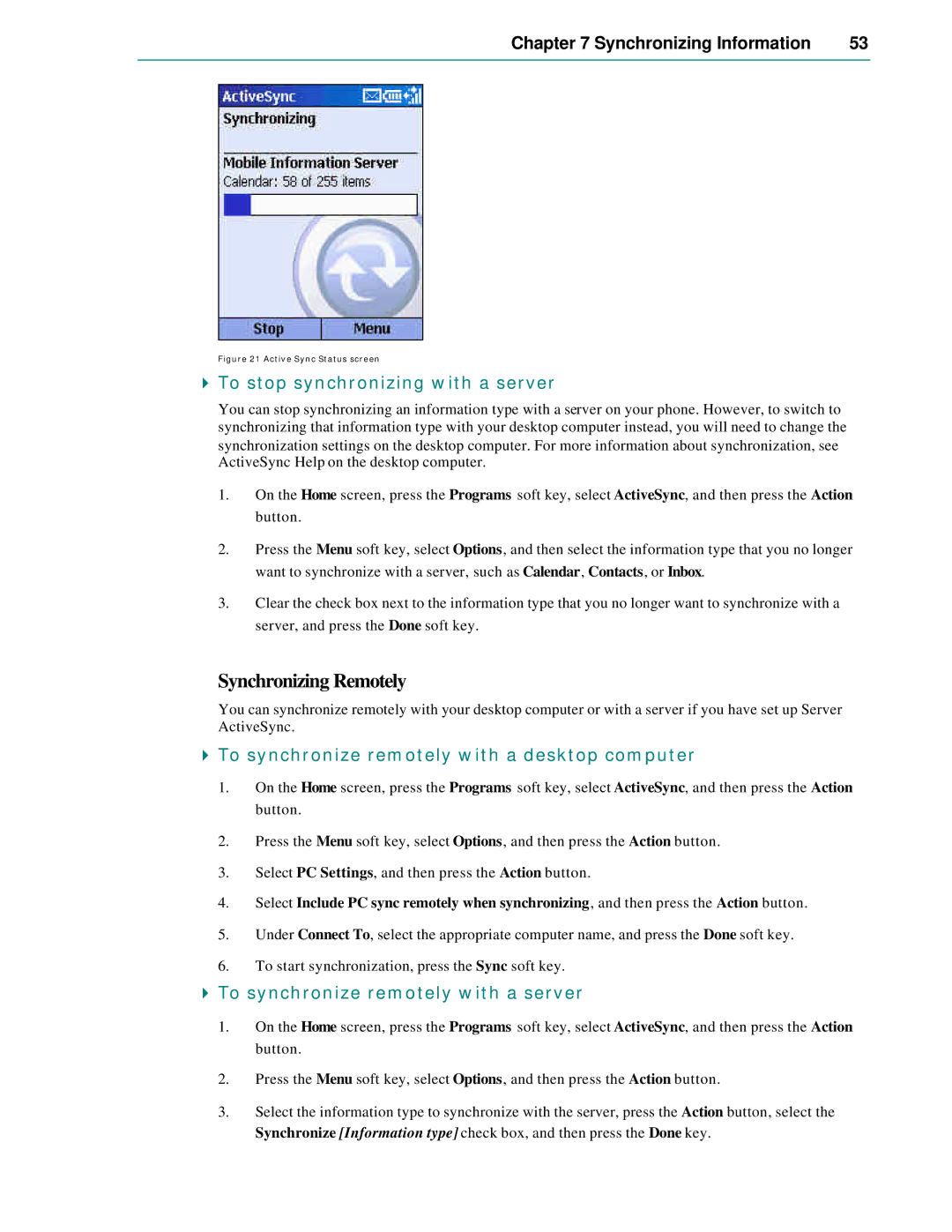 Microsoft Smartphone 2002 manual Synchronizing Remotely, To stop synchronizing with a server 