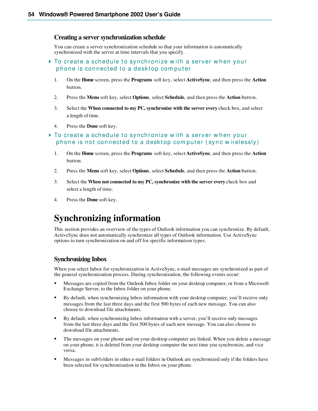 Microsoft Smartphone 2002 manual Synchronizing information, Creating a server synchronization schedule, Synchronizing Inbox 