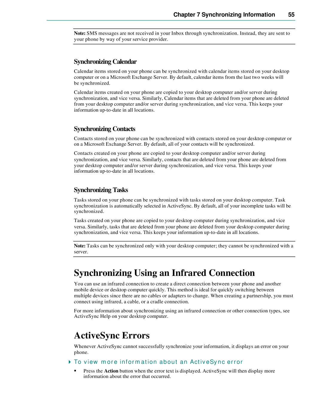 Microsoft Smartphone 2002 manual Synchronizing Using an Infrared Connection, ActiveSync Errors, Synchronizing Calendar 