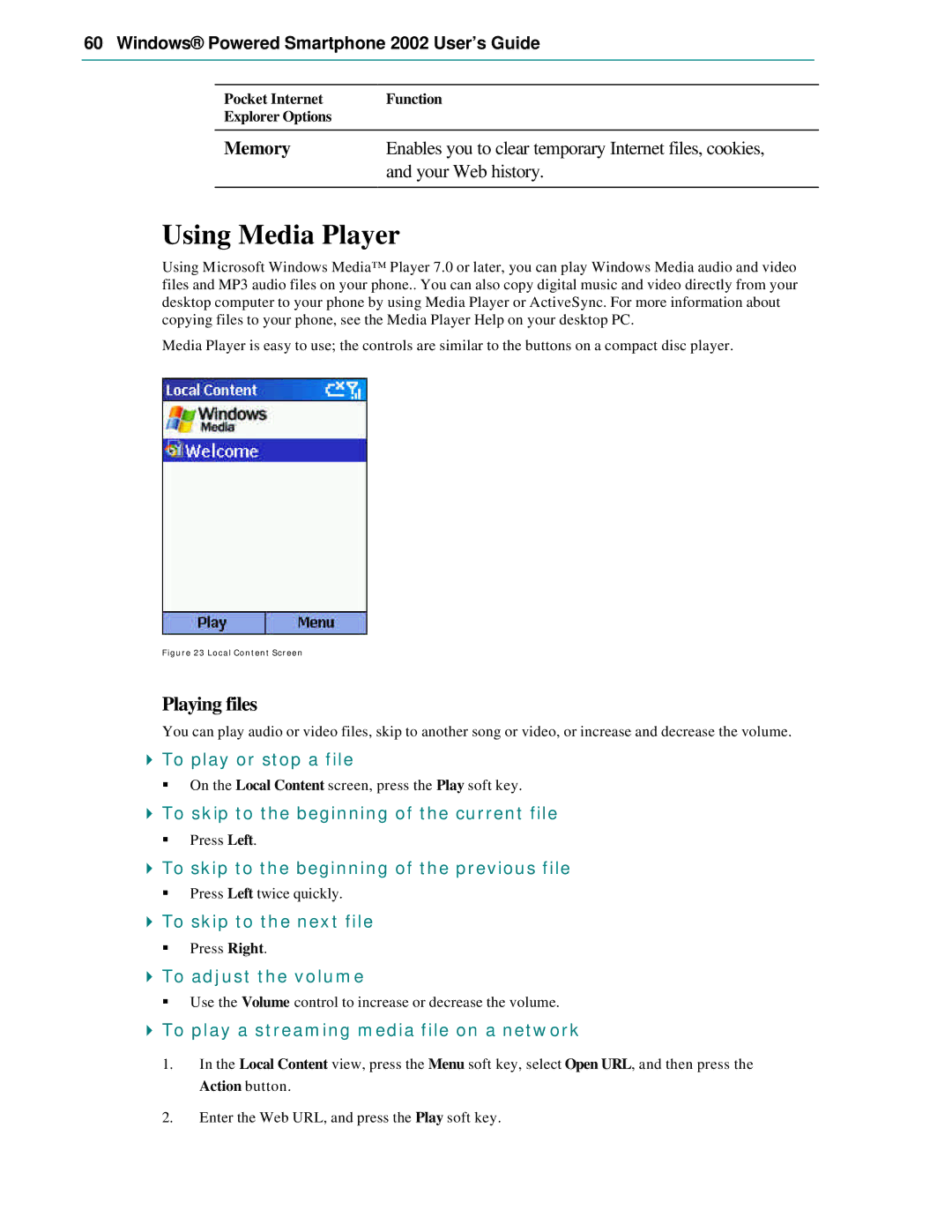 Microsoft Smartphone 2002 manual Using Media Player, Playing files 