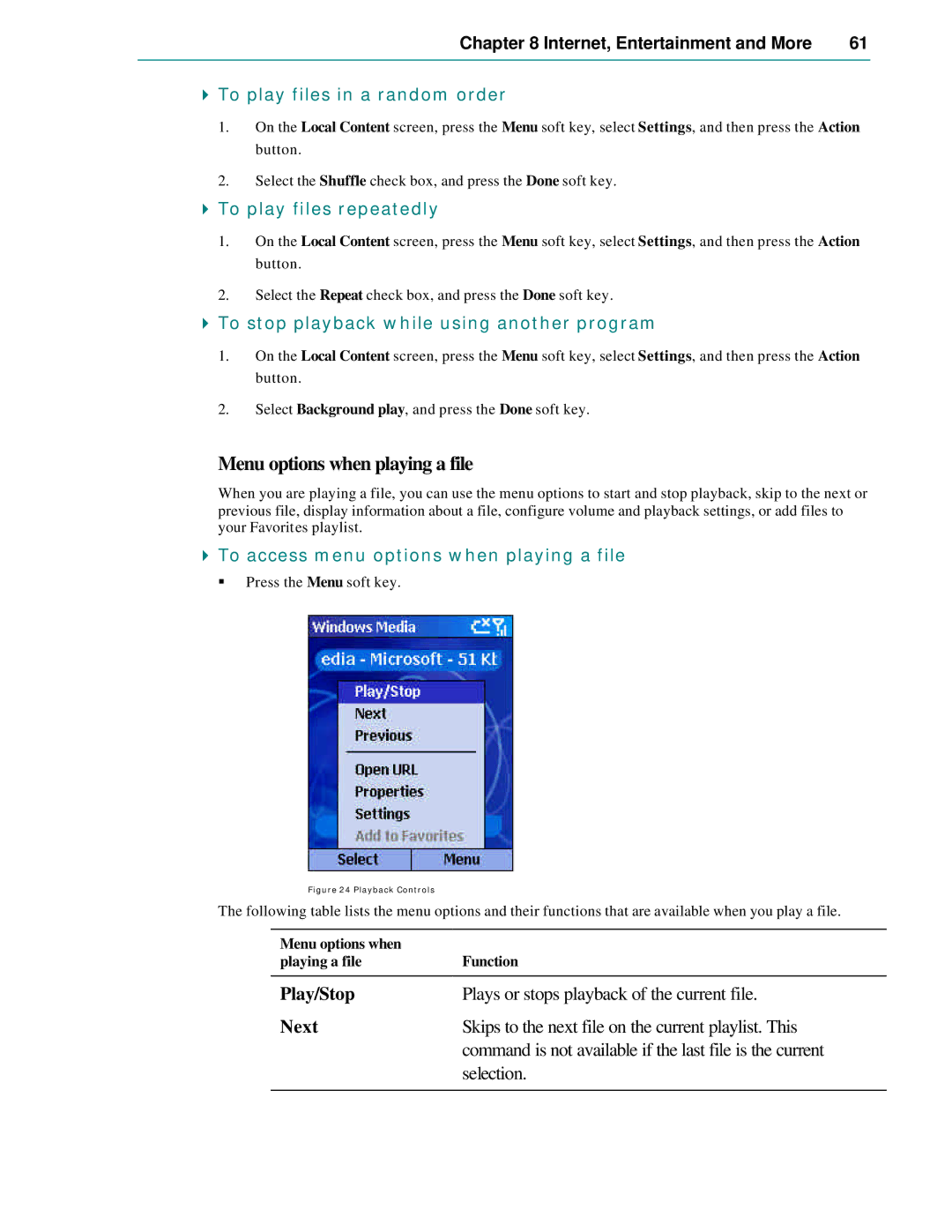 Microsoft Smartphone 2002 Menu options when playing a file, To play files in a random order, To play files repeatedly 