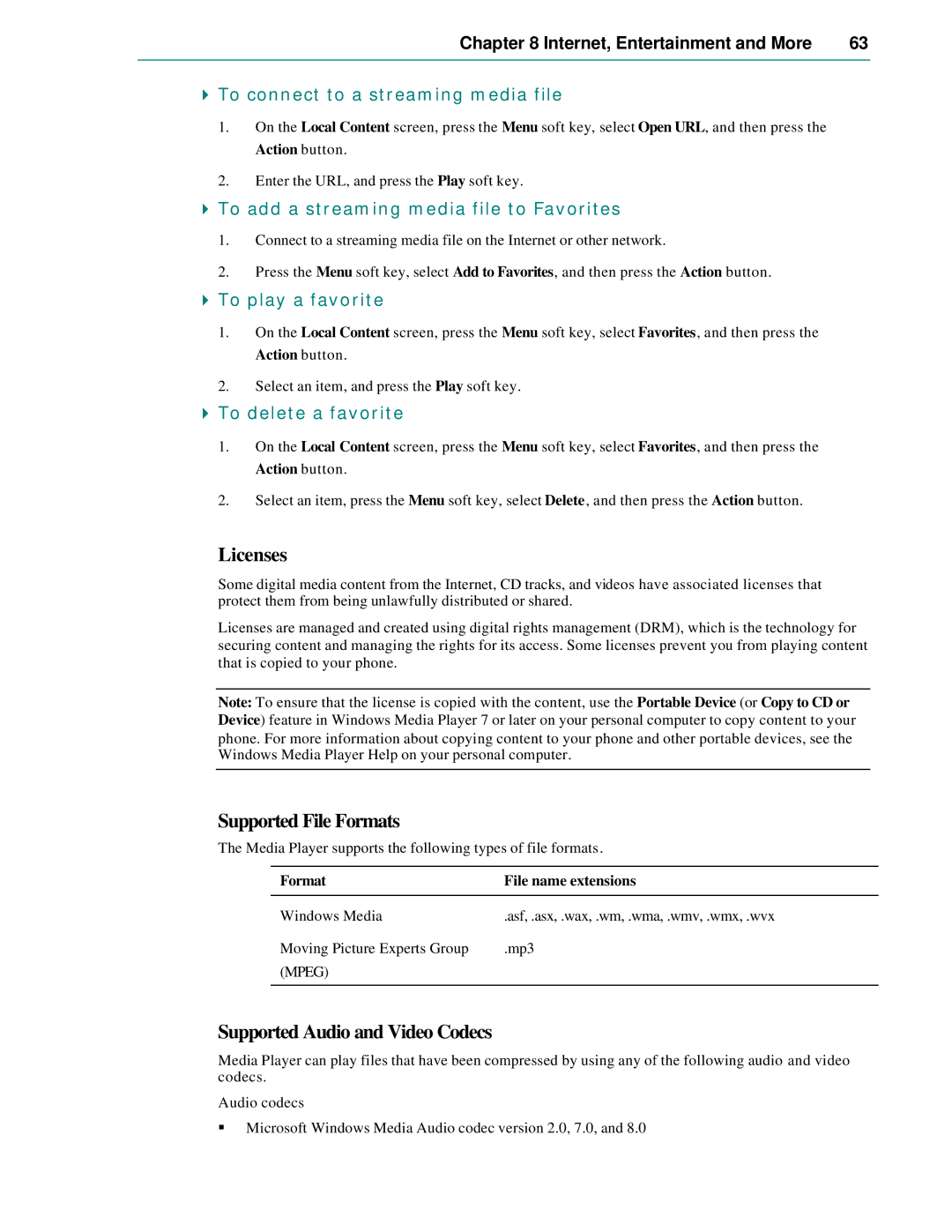 Microsoft Smartphone 2002 manual Licenses, Supported File Formats, Supported Audio and Video Codecs 