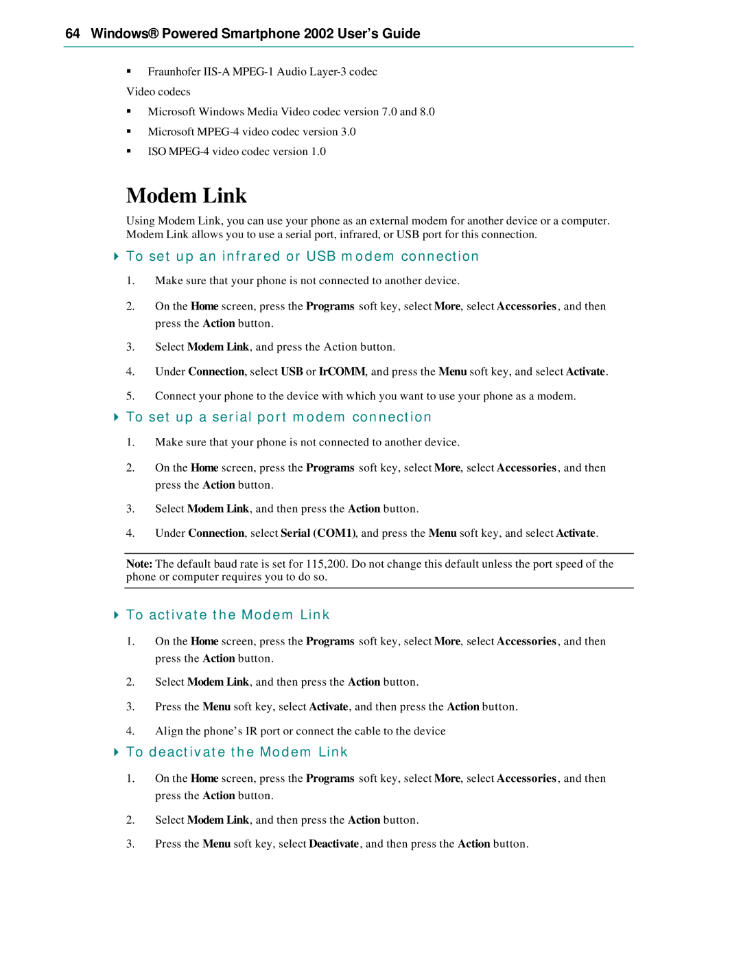 Microsoft Smartphone 2002 manual To set up an infrared or USB modem connection, To activate the Modem Link 