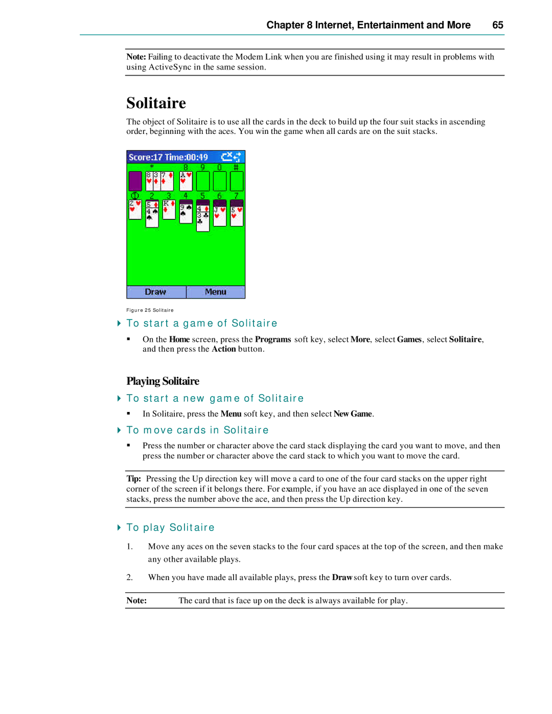 Microsoft Smartphone 2002 manual Playing Solitaire 