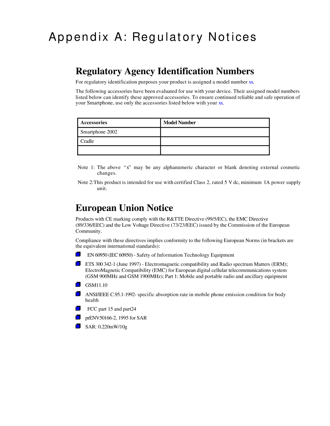 Microsoft Smartphone 2002 Appendix a Regulatory Notices, Regulatory Agency Identification Numbers, European Union Notice 