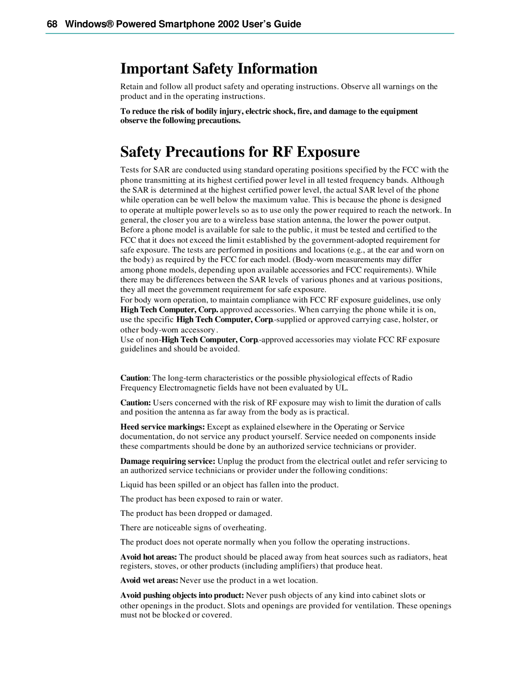 Microsoft Smartphone 2002 manual Important Safety Information, Safety Precautions for RF Exposure 