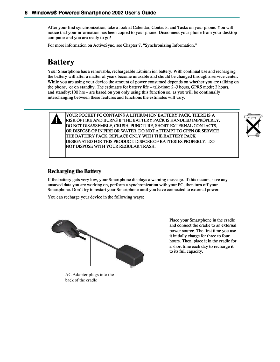 Microsoft manual Recharging the Battery, Windows Powered Smartphone 2002 User’s Guide 