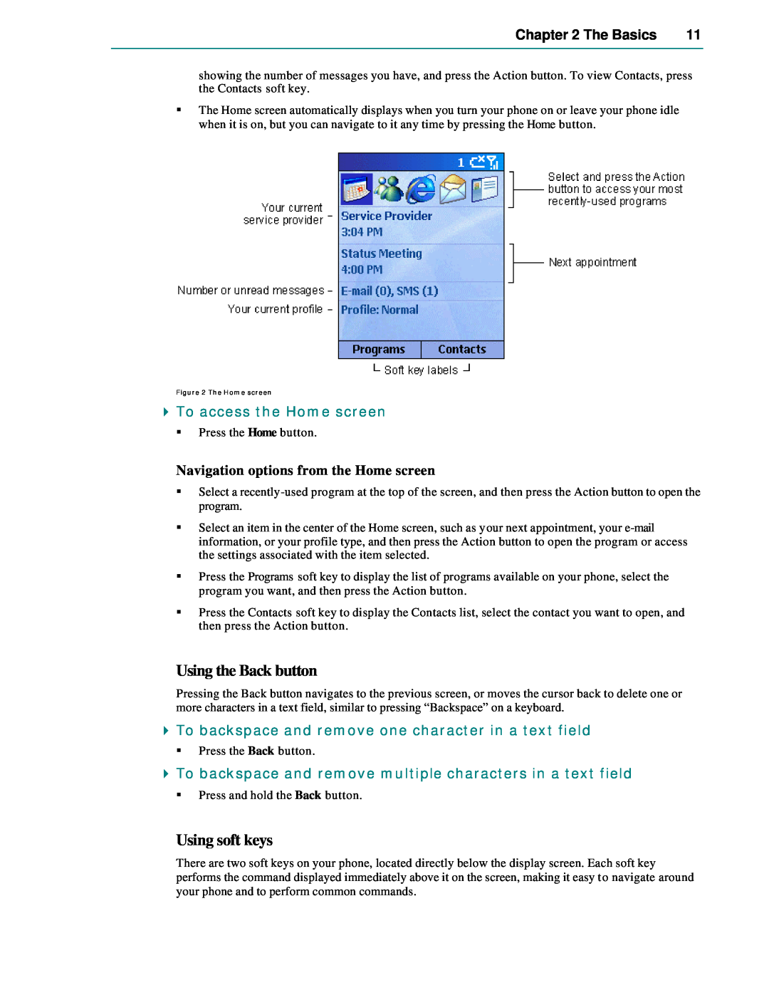 Microsoft Smartphone 2002 manual Using the Back button, Using soft keys, The Basics, To access the Home screen 