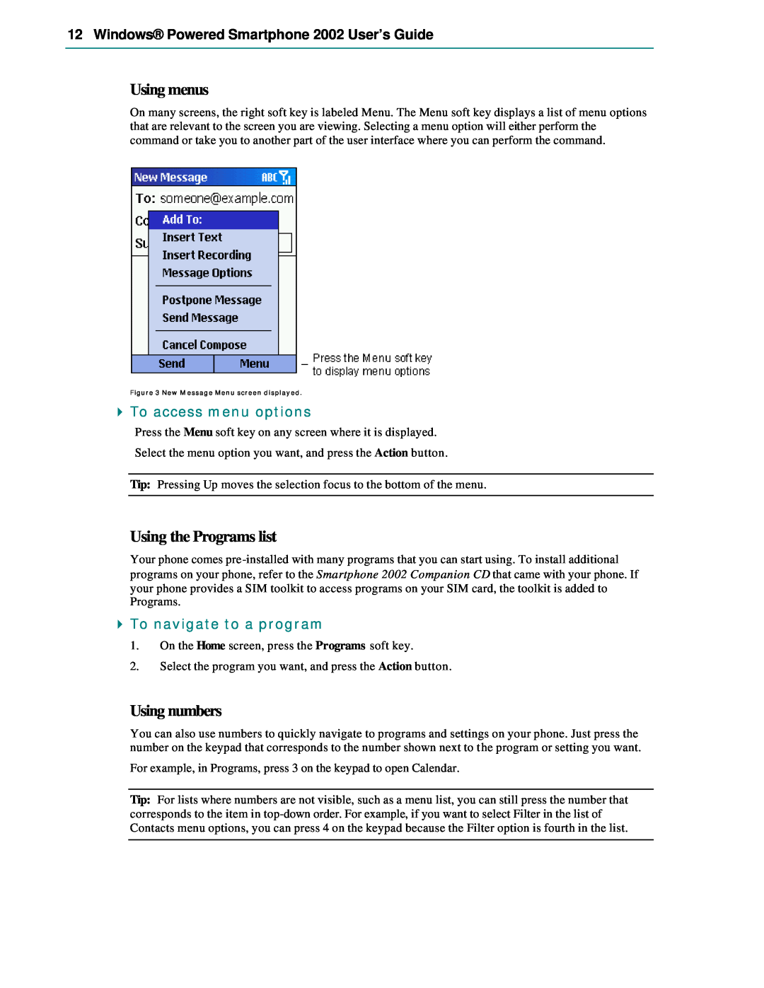 Microsoft Smartphone 2002 manual Using menus, Using the Programs list, Using numbers, To access menu options 