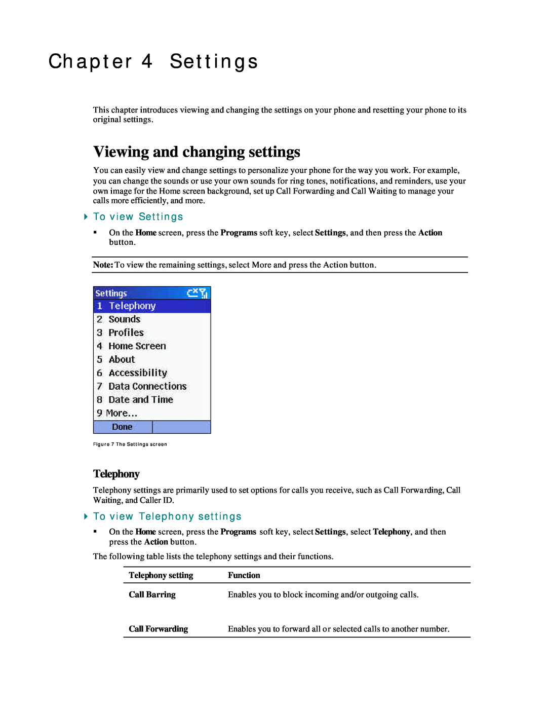 Microsoft Smartphone 2002 Viewing and changing settings, To view Settings, To view Telephony settings, Function 