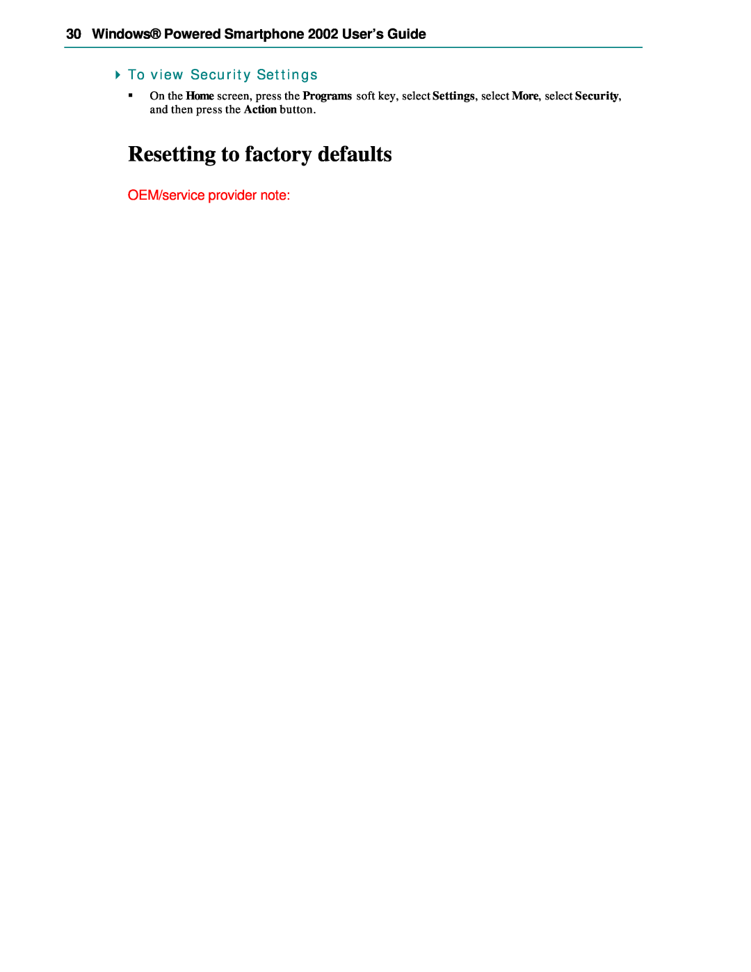 Microsoft manual Resetting to factory defaults, Windows Powered Smartphone 2002 User’s Guide, To view Security Settings 