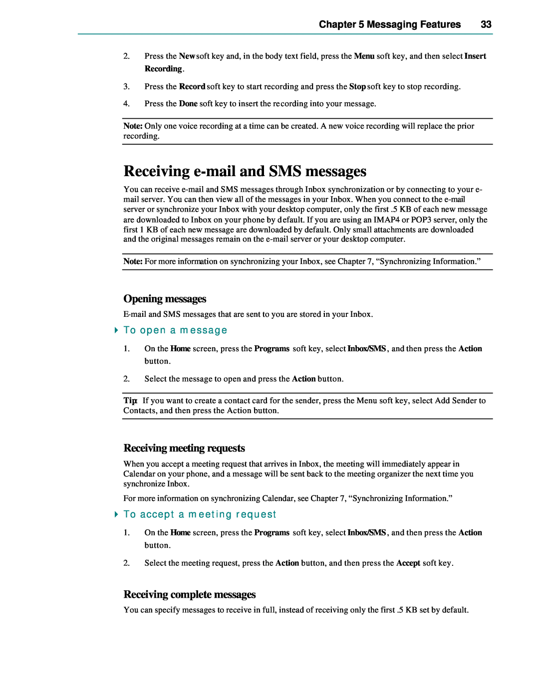 Microsoft Smartphone 2002 manual Receiving e-mail and SMS messages, Opening messages, Receiving meeting requests 