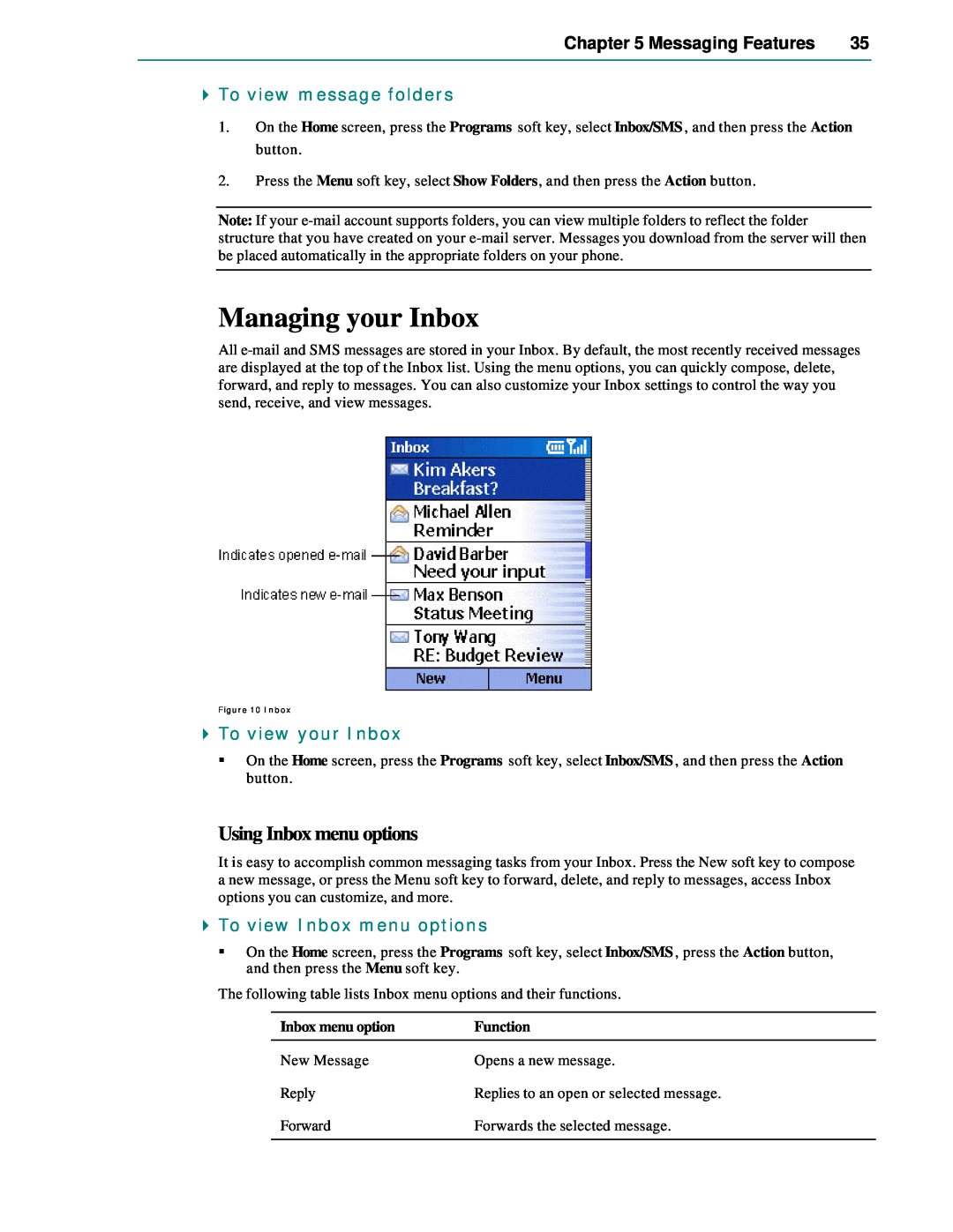 Microsoft Smartphone 2002 manual Managing your Inbox, Using Inbox menu options, Messaging Features, To view message folders 