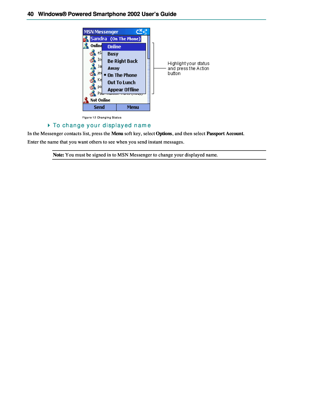 Microsoft manual Windows Powered Smartphone 2002 User’s Guide, To change your displayed name 