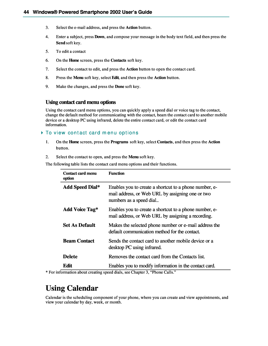 Microsoft Smartphone 2002 manual Using Calendar, Using contact card menu options 