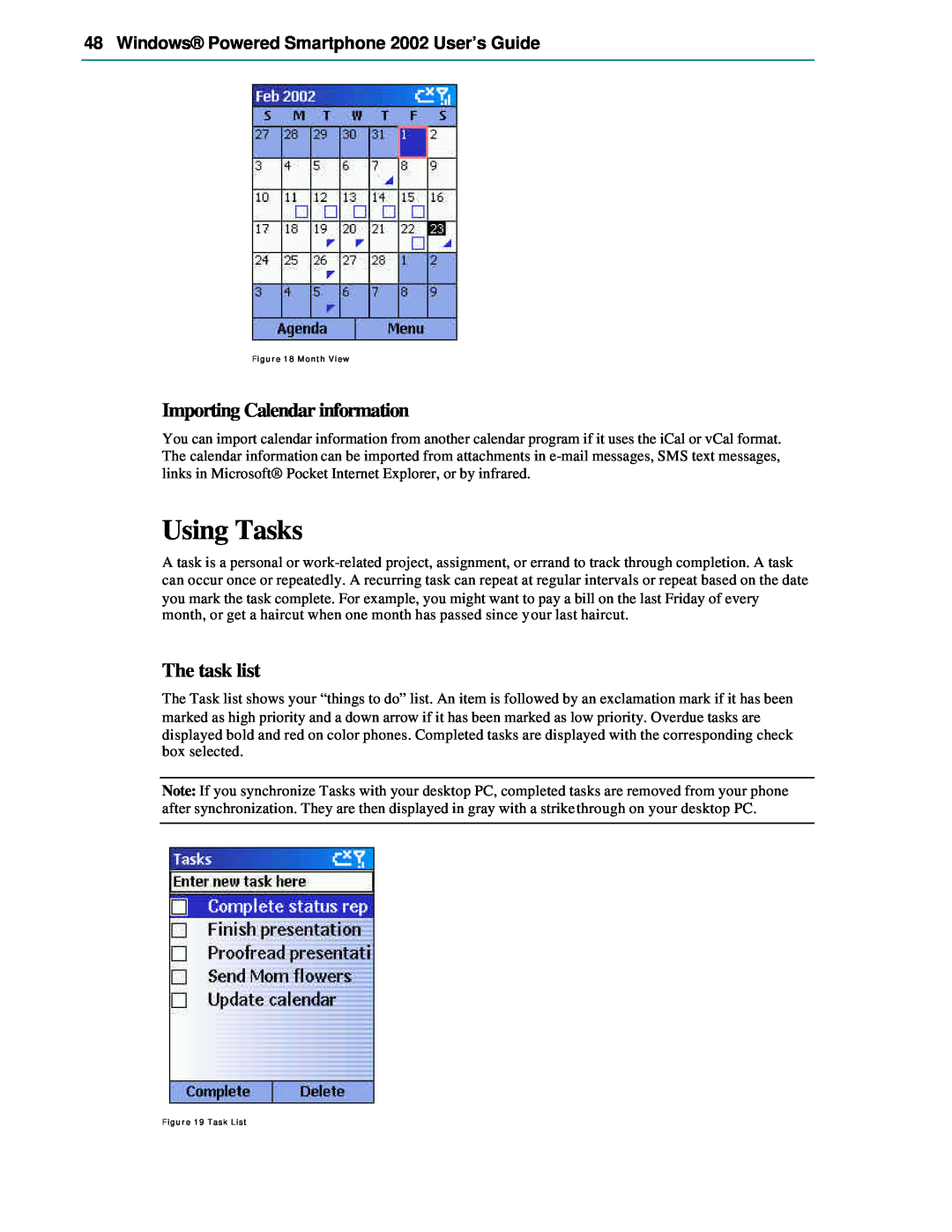 Microsoft Smartphone 2002 manual Using Tasks, Importing Calendar information, The task list 