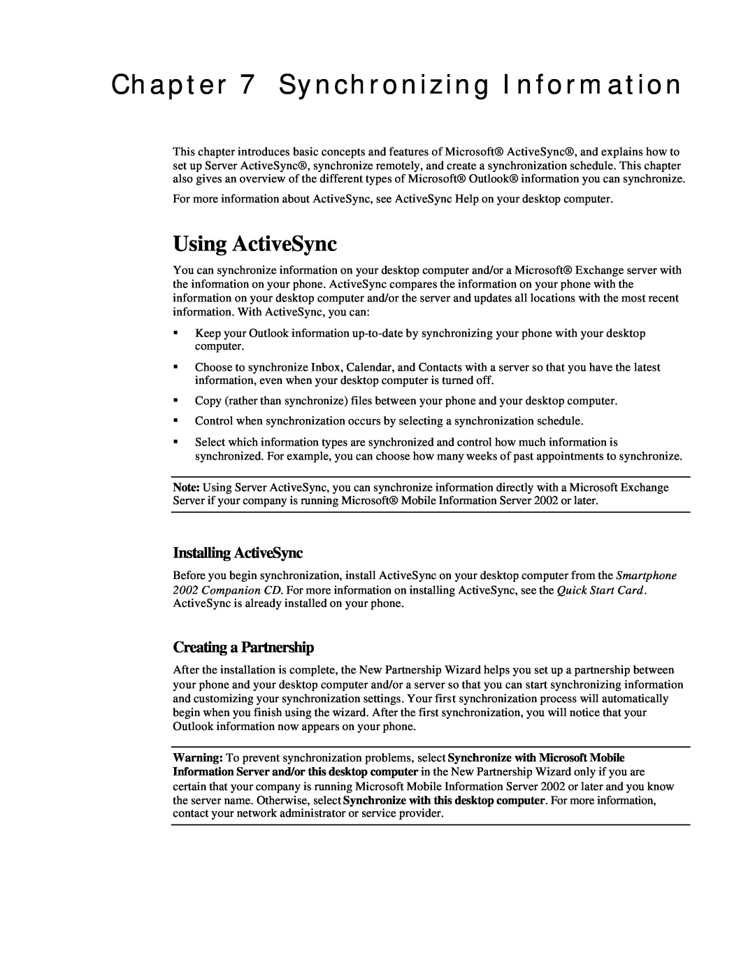 Microsoft Smartphone 2002 manual Synchronizing Information, Using ActiveSync, Creating a Partnership, Installing ActiveSync 