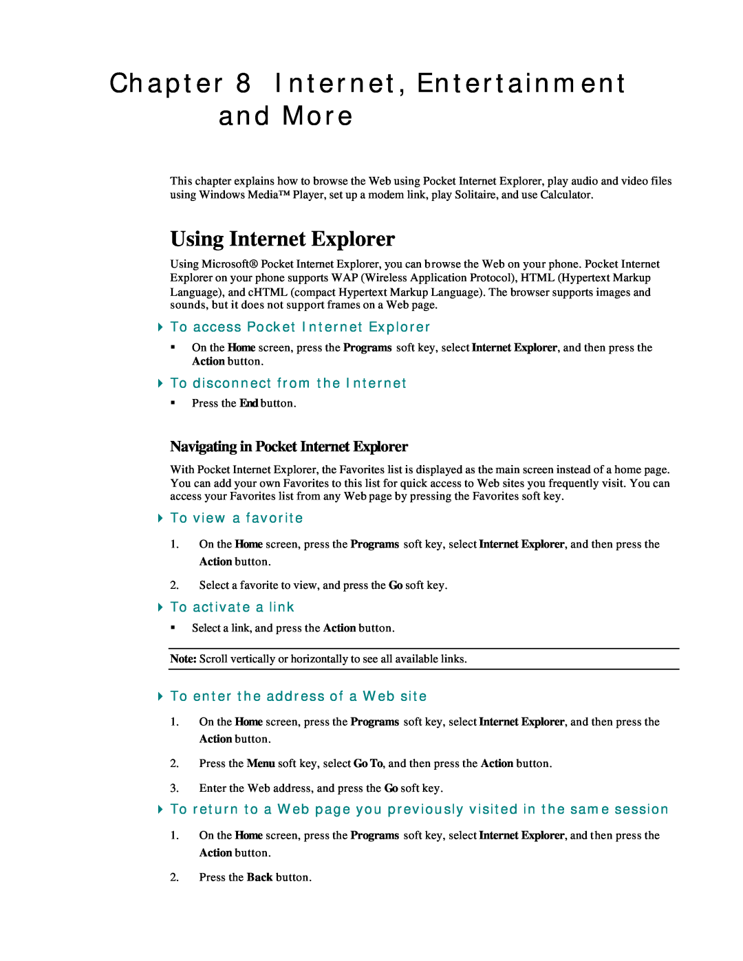 Microsoft Smartphone 2002 Internet, Entertainment and More, Using Internet Explorer, To access Pocket Internet Explorer 