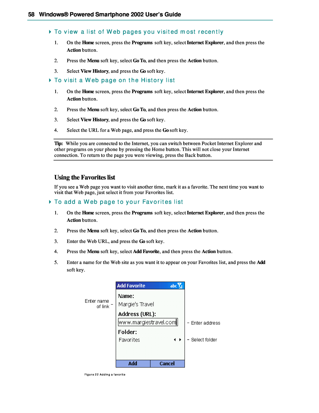 Microsoft manual Using the Favorites list, Windows Powered Smartphone 2002 User’s Guide 