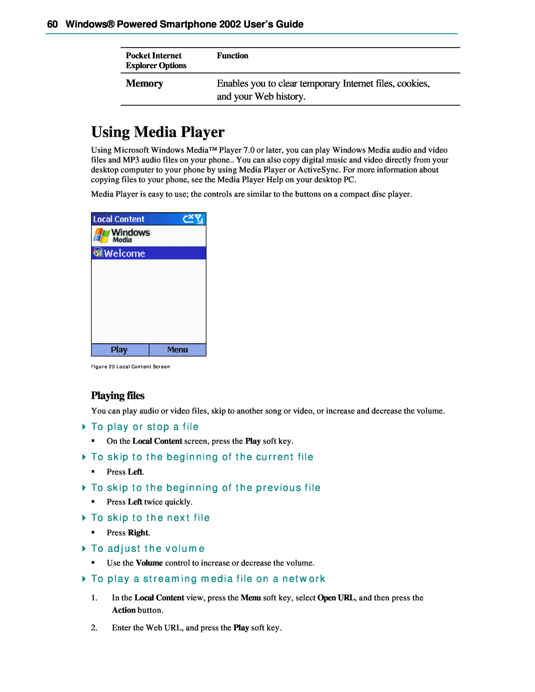 Microsoft manual Using Media Player, Playing files, Windows Powered Smartphone 2002 User’s Guide, To play or stop a file 