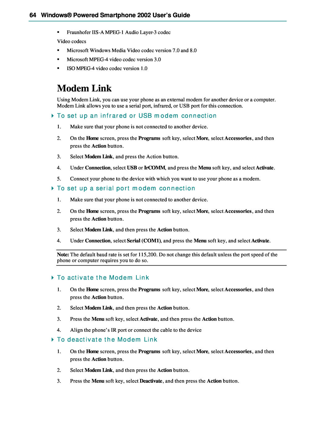 Microsoft manual Modem Link, Windows Powered Smartphone 2002 User’s Guide, To set up an infrared or USB modem connection 