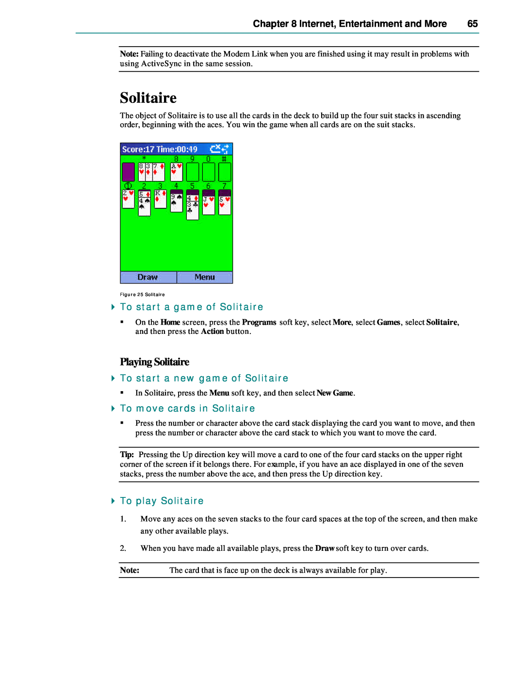 Microsoft Smartphone 2002 manual Playing Solitaire, Internet, Entertainment and More, To start a game of Solitaire 