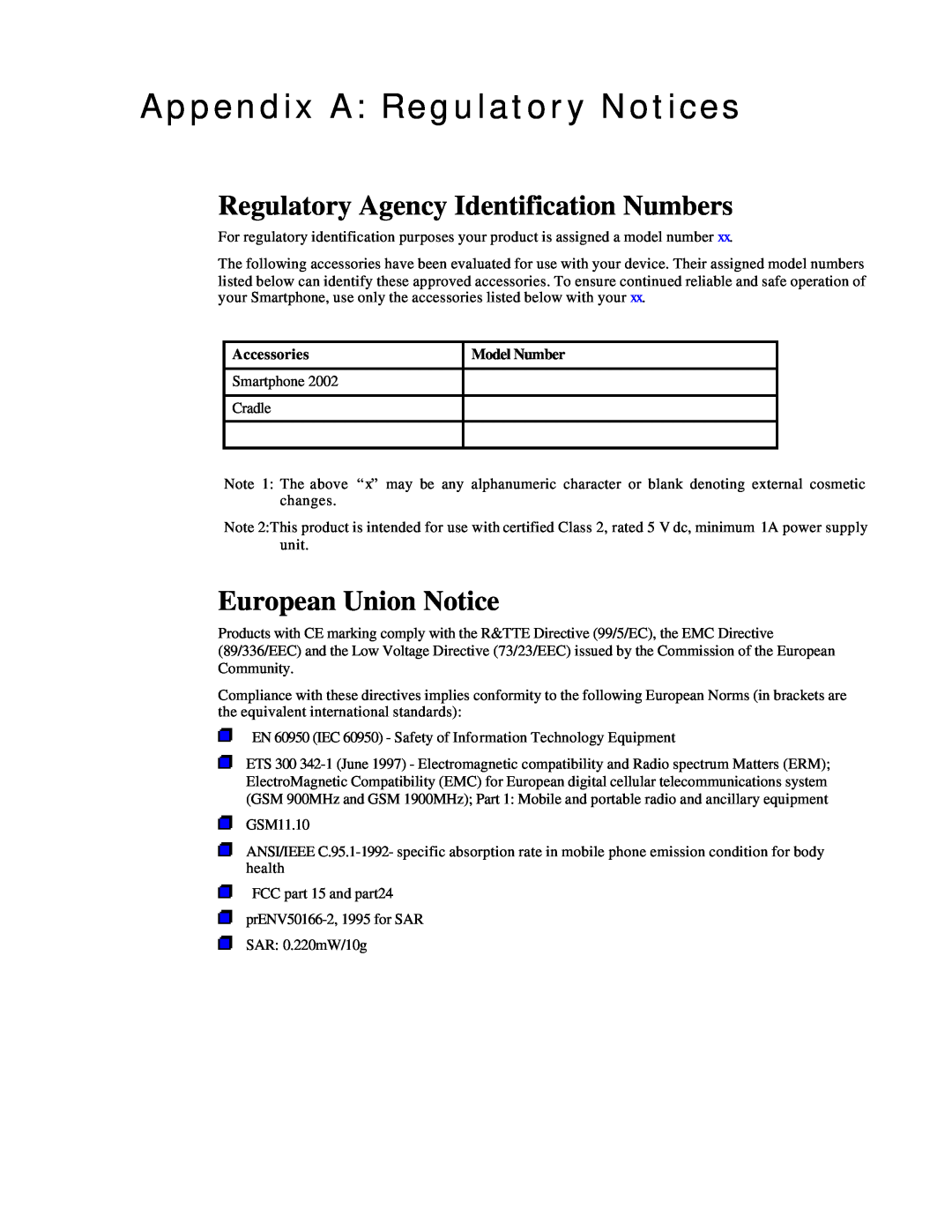 Microsoft Smartphone 2002 Appendix A Regulatory Notices, Regulatory Agency Identification Numbers, European Union Notice 