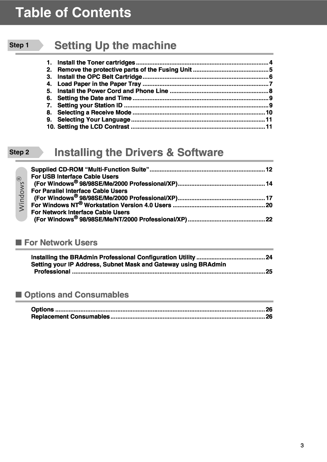 Microsoft SPC210SF Table of Contents, Setting Up the machine, Installing the Drivers & Software, For Network Users, Step 