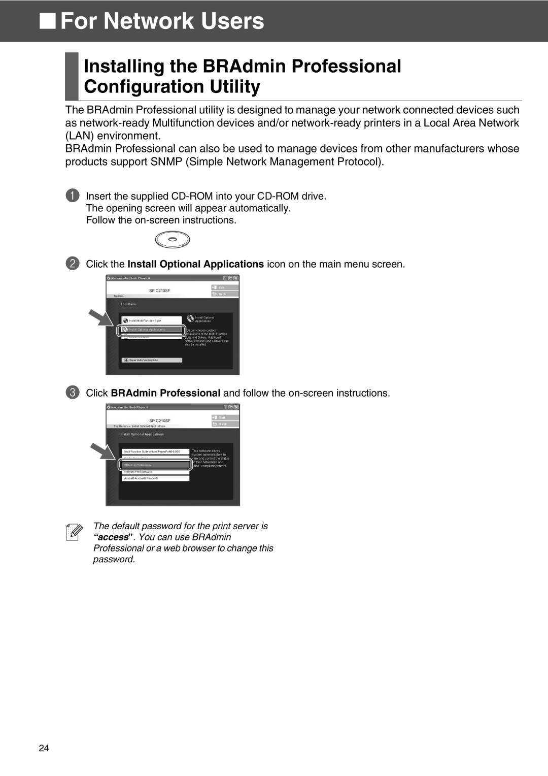 Microsoft SPC210SF setup guide For Network Users, Installing the BRAdmin Professional Configuration Utility 