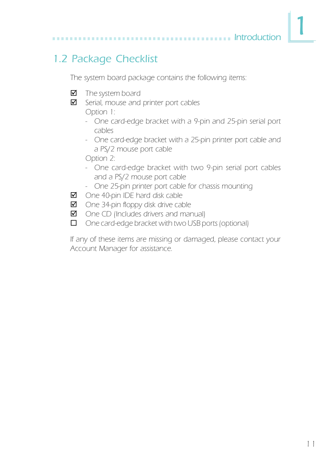 Microsoft IBUS-BAT-1370, System Board manual Package Checklist 